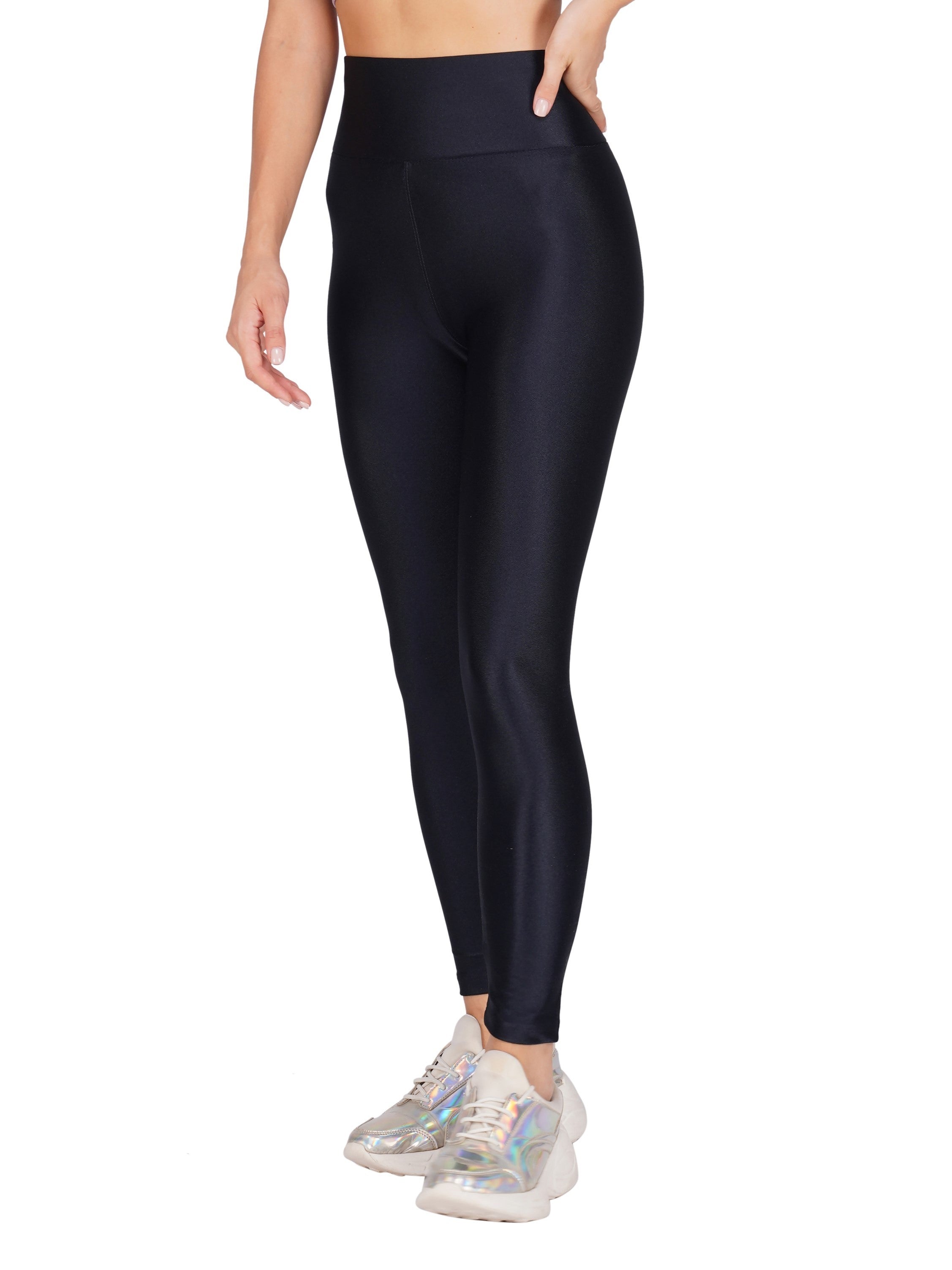 womens black shiny leggings