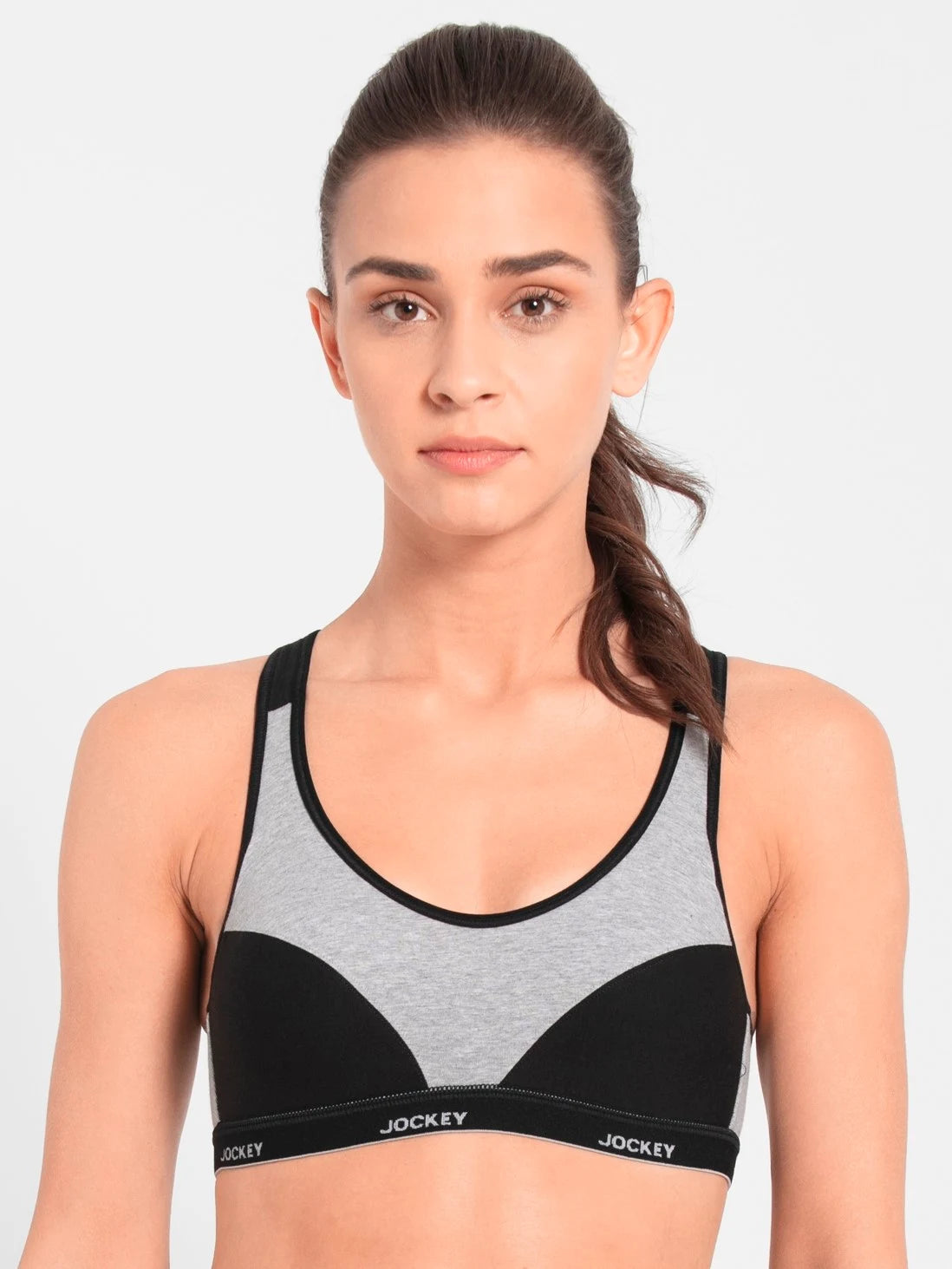 Jockey light grey melange and black racer back padded active bra 1378